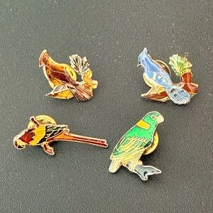 Vintage Exotic Bird Enamel Metal Lapel Pins Parrot Tropical Lot of Four 60s 70s